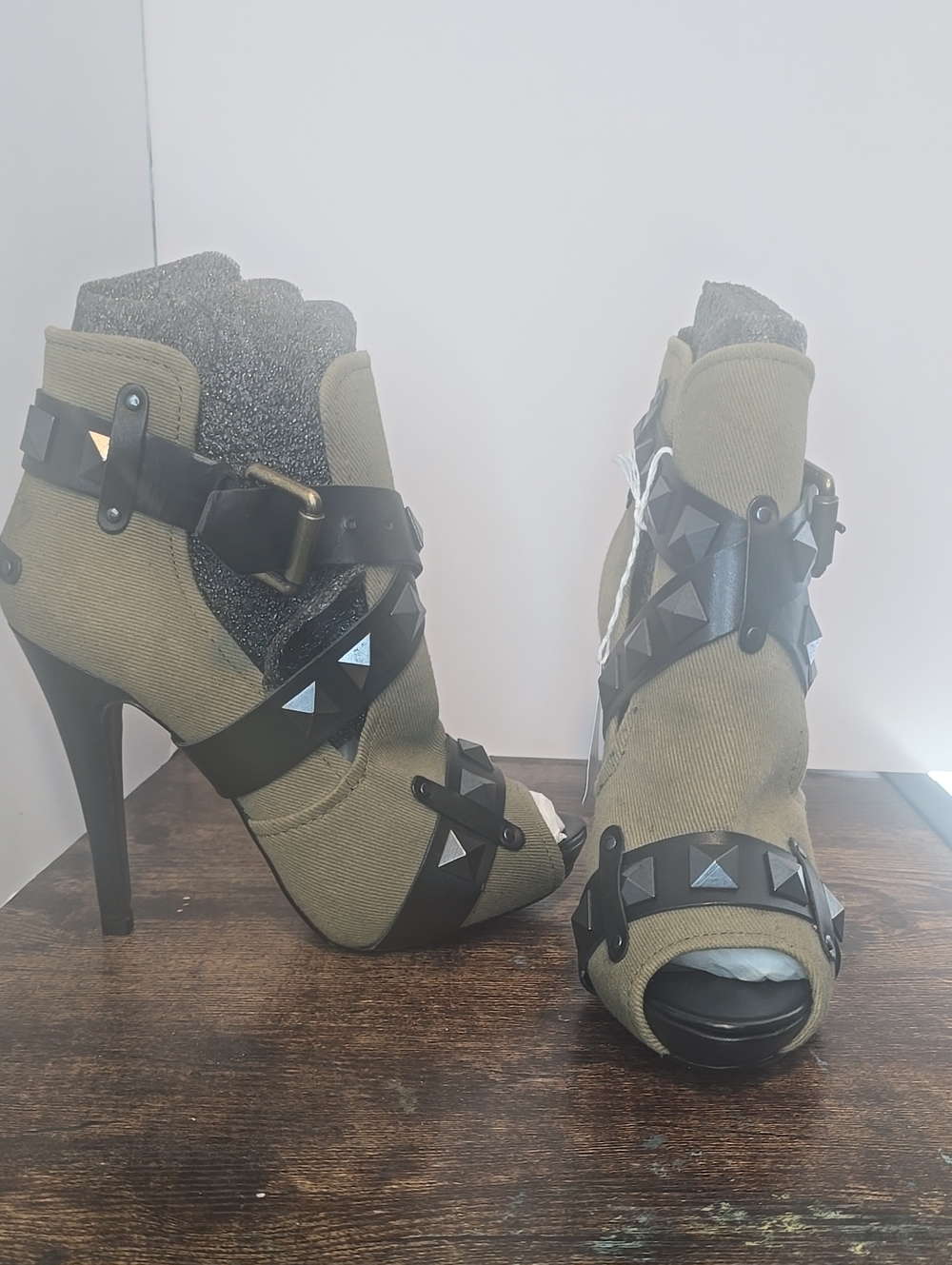 Ash Olive Green Studded Peep-Toe Stiletto Booties